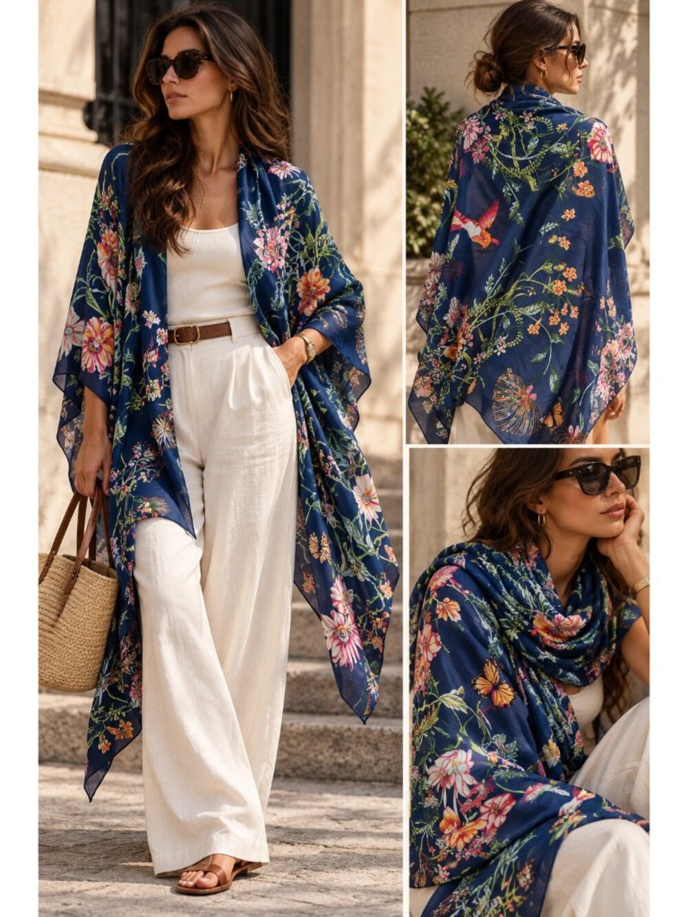 100% Silk Navy Floral Bird Butterfly Botanical Oversized Scarf Wrap Shawl 63x35